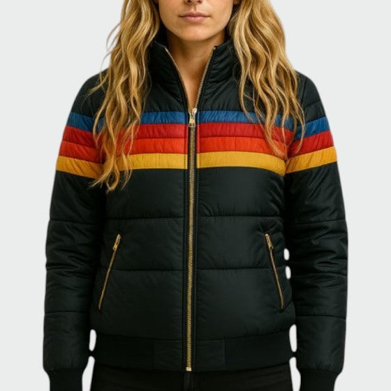 Piumino Donna, Corto, Cappuccio, Righe Arcobaleno-Modaso