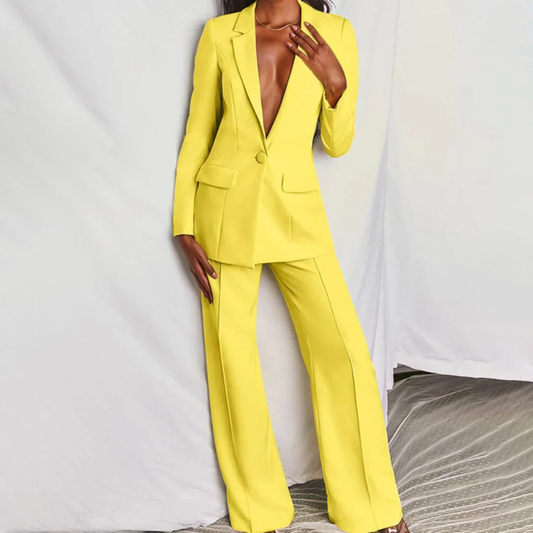 Tailleur Donna, Blazer Lungo, Pantaloni a Gamba Larga, Elegante-Modaso