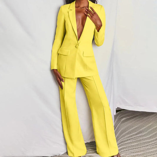 Tailleur Donna, Blazer Lungo, Pantaloni a Gamba Larga, Elegante-Modaso