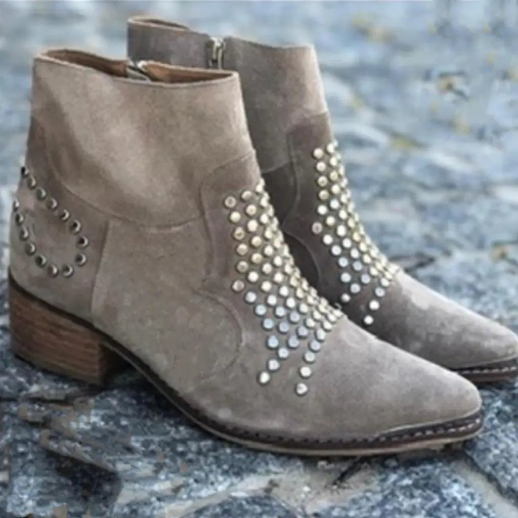 Stivaletti Donna, Borchie, Punta, Tacco Largo, Camoscio-Modaso
