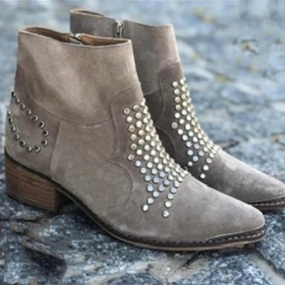 Stivaletti Donna, Borchie, Punta, Tacco Largo, Camoscio-Modaso