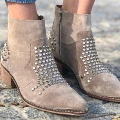 Stivaletti Donna, Borchie, Punta, Tacco Largo, Camoscio-Modaso