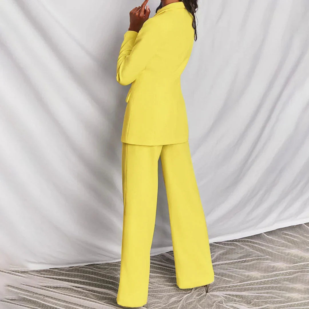 Tailleur Donna, Blazer Lungo, Pantaloni a Gamba Larga, Elegante-Modaso