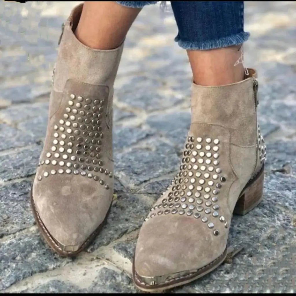 Stivaletti Donna, Borchie, Punta, Tacco Largo, Camoscio-Modaso