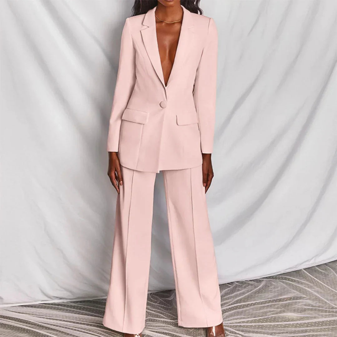 Tailleur Donna, Blazer Lungo, Pantaloni a Gamba Larga, Elegante-Modaso