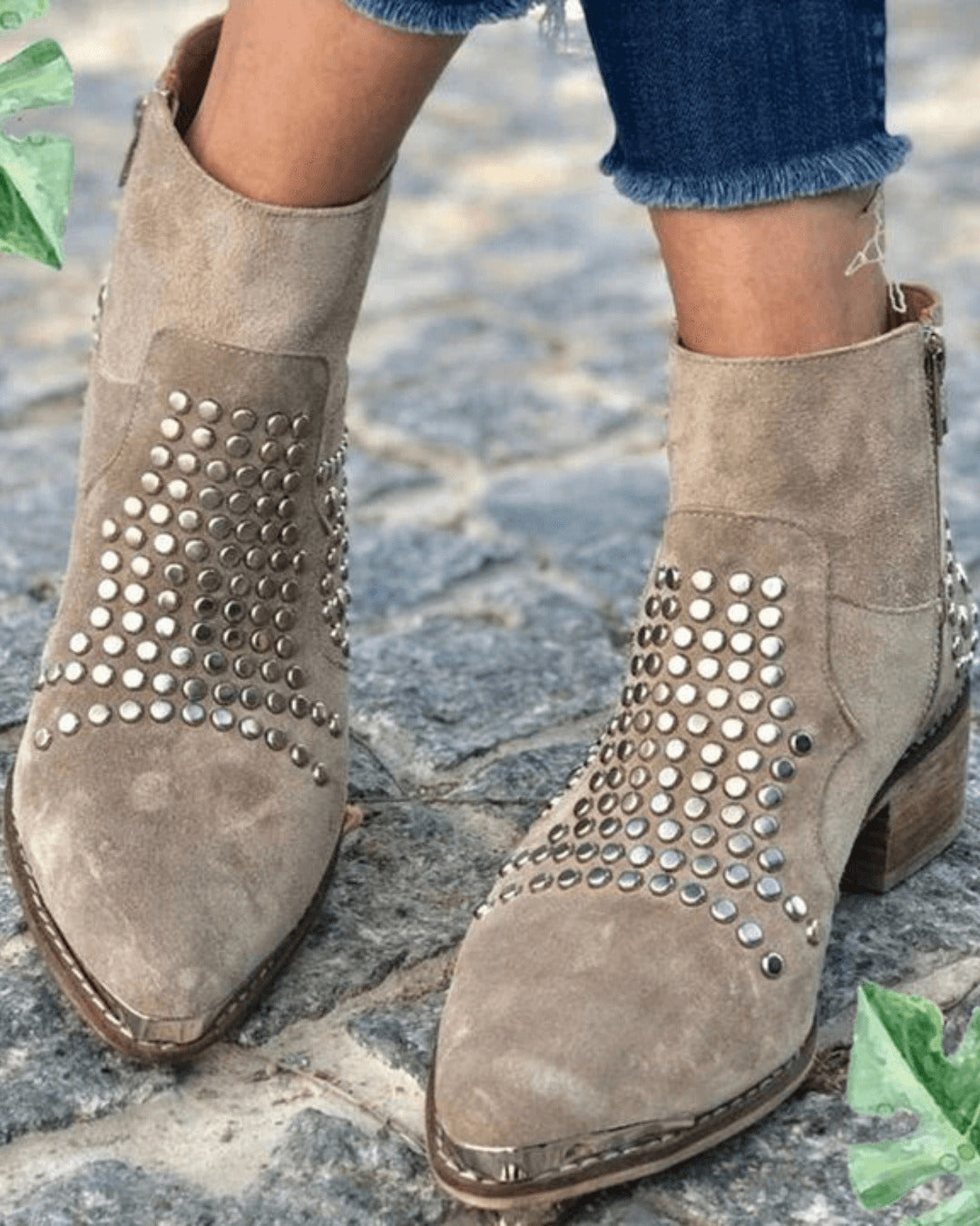 Stivaletti Donna, Borchie, Punta, Tacco Largo, Camoscio-Modaso