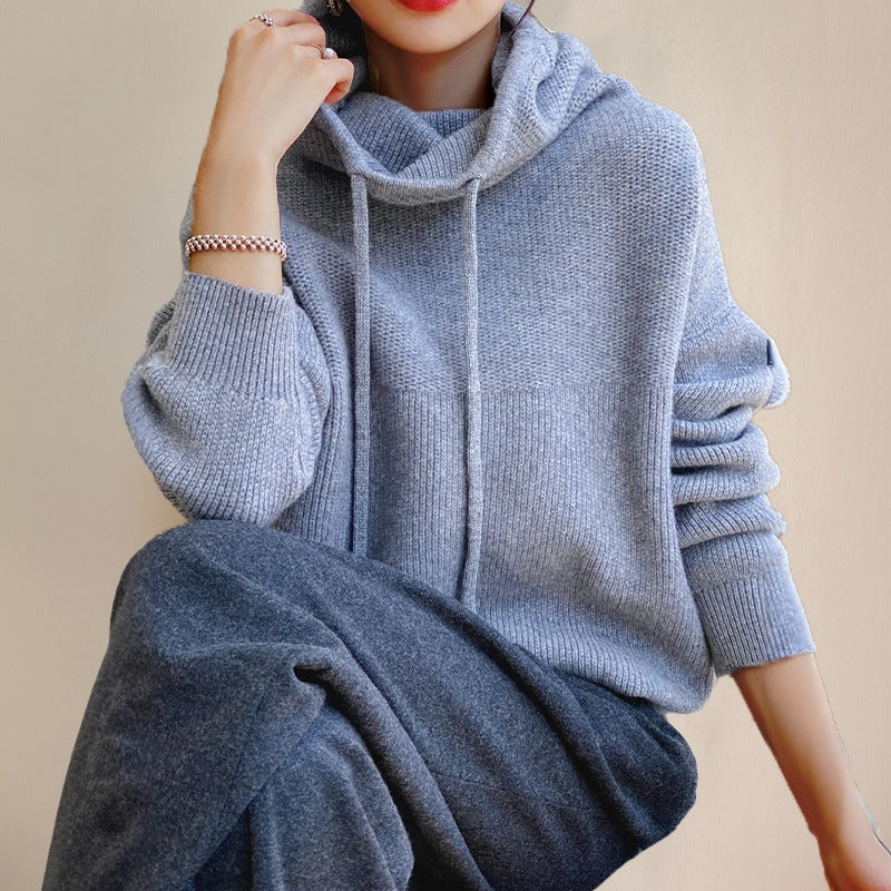 Maglione Lana Donna, Collo Alto, Cappuccio, Coulisse, Oversize-Modaso