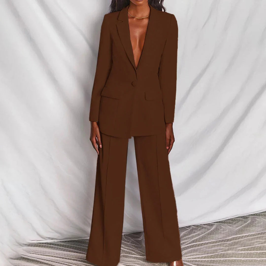 Tailleur Donna, Blazer Lungo, Pantaloni a Gamba Larga, Elegante-Modaso