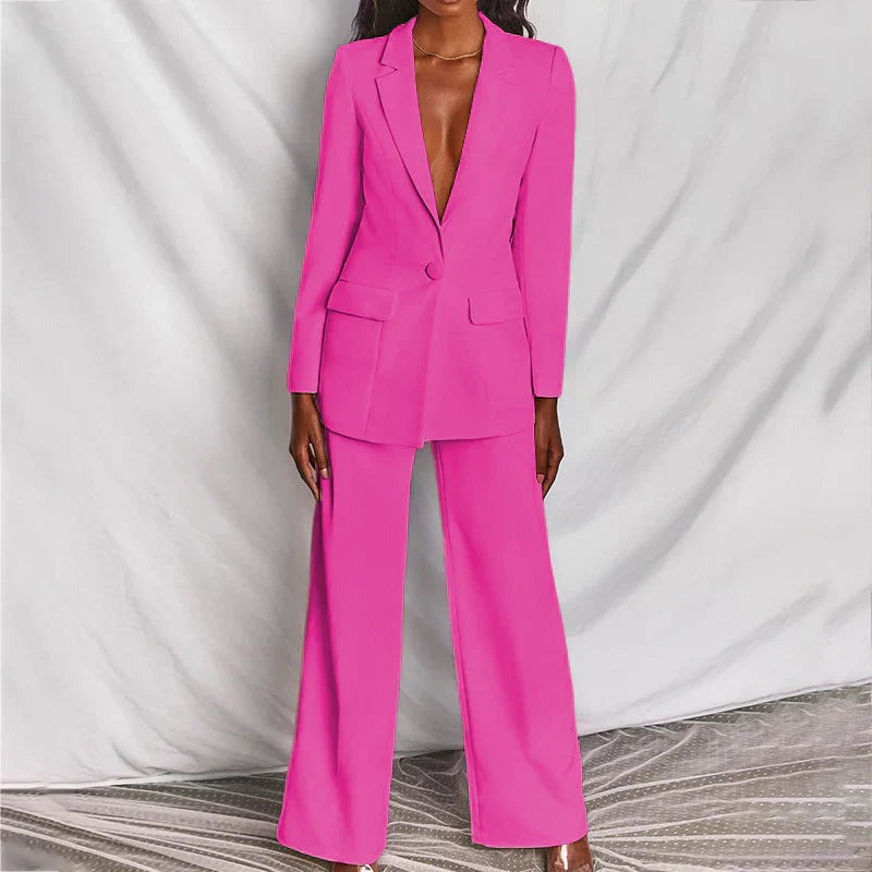 Tailleur Donna, Blazer Lungo, Pantaloni a Gamba Larga, Elegante-Modaso