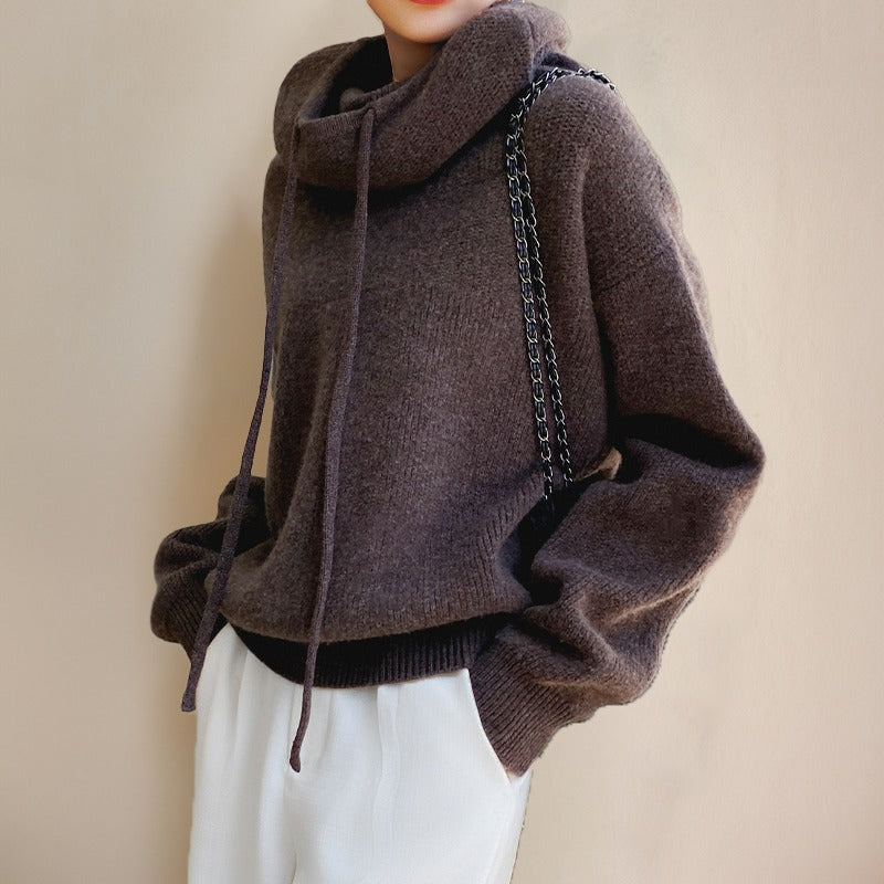 Maglione Lana Donna, Collo Alto, Cappuccio, Coulisse, Oversize-Modaso