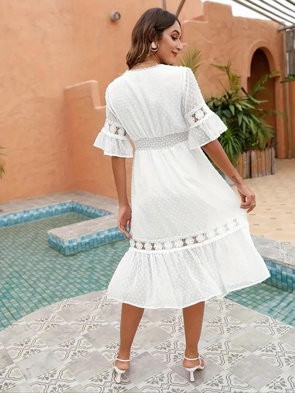 Abito Bianco, Mezza Manica, Pizzo, Abito Estivo, Abito Midi-Modaso