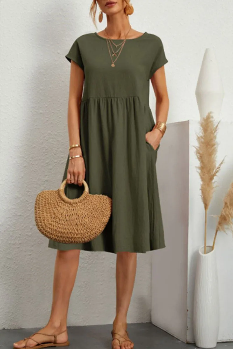 Abito Casual - Abito estivo da donna, lungo fino al ginocchio, dalla vestibilità ampia-Verde Militare-S-Modasso