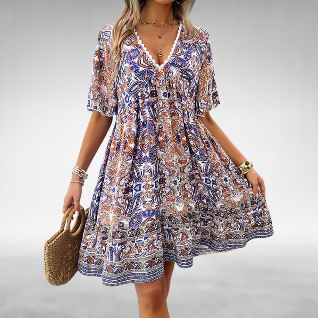 Abito Estivo | Maniche Corte | Scollo a V | Abito Svasato | Abito Boho-Blu-S-Modasso
