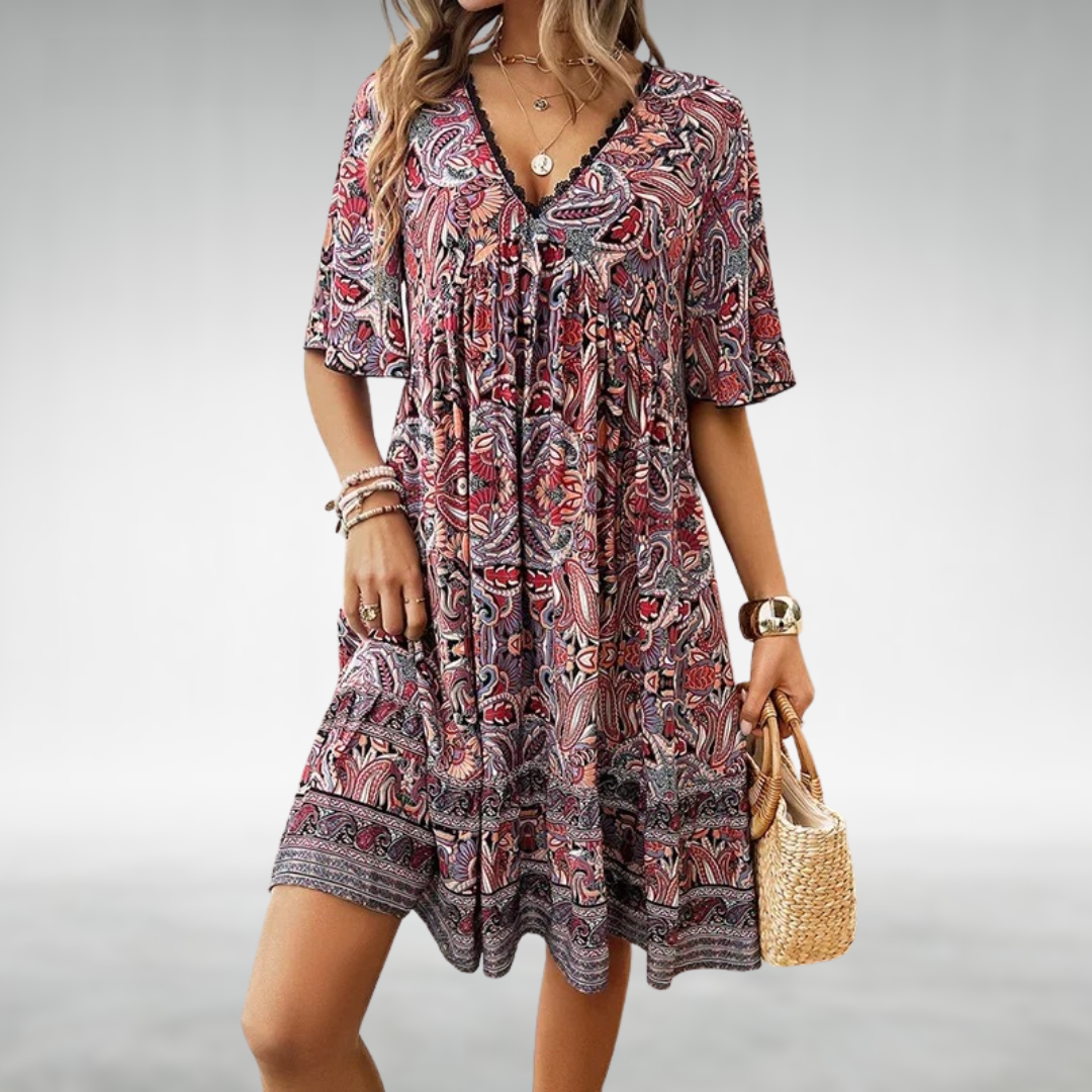 Abito Estivo | Maniche Corte | Scollo a V | Abito Svasato | Abito Boho-Rosso-S-Modasso