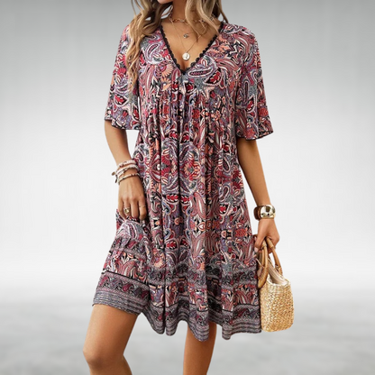Abito Estivo | Maniche Corte | Scollo a V | Abito Svasato | Abito Boho-Rosso-S-Modasso