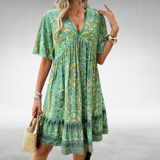 Abito Estivo | Maniche Corte | Scollo a V | Abito Svasato | Abito Boho-Verde-S-Modasso
