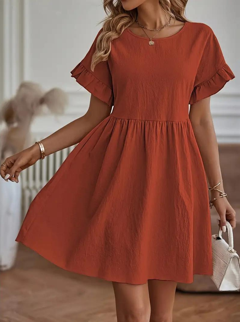 Abito Estivo, Vestibilità Morbida, Maniche Corte, Abito con Rouches, Abito Corto-Modaso