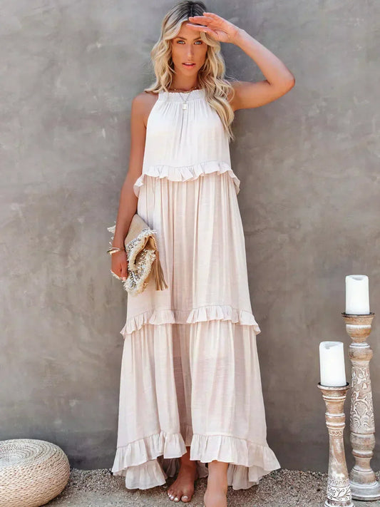 Abito Lungo Con Volant | Scollo all'americana | Senza maniche | Abito fluido | Maxi prendisole-Albicocca-S-Modasso