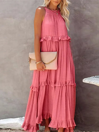 Abito Lungo Con Volant | Scollo all'americana | Senza maniche | Abito fluido | Maxi prendisole-Modasso