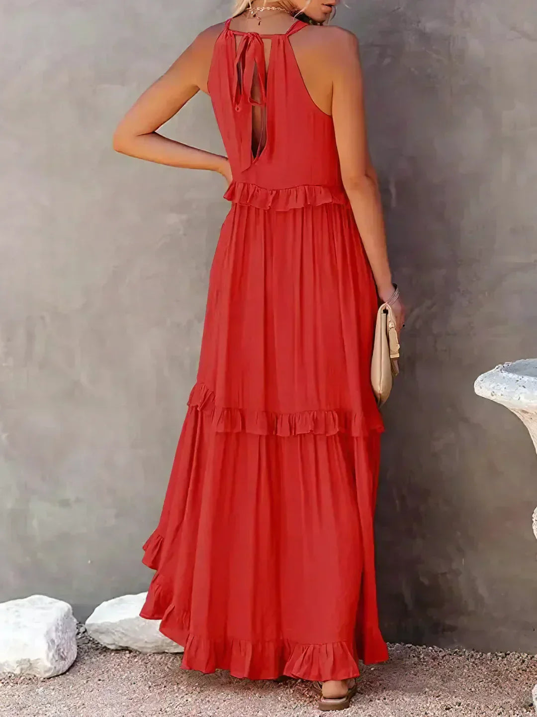 Abito Lungo Con Volant | Scollo all'americana | Senza maniche | Abito fluido | Maxi prendisole-Modasso