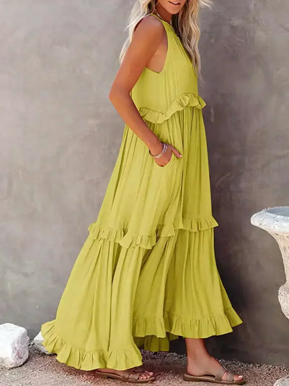 Abito Lungo Con Volant | Scollo all'americana | Senza maniche | Abito fluido | Maxi prendisole-Modasso