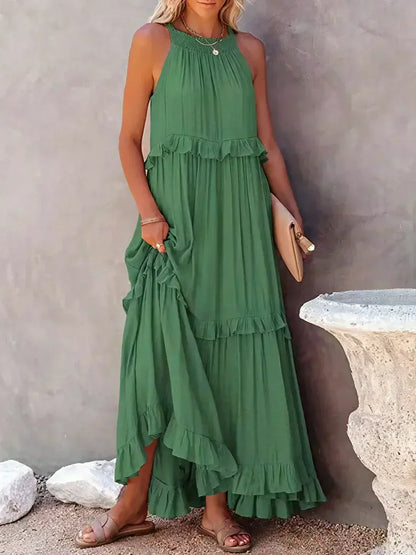 Abito Lungo Con Volant | Scollo all'americana | Senza maniche | Abito fluido | Maxi prendisole-Verde-S-Modasso