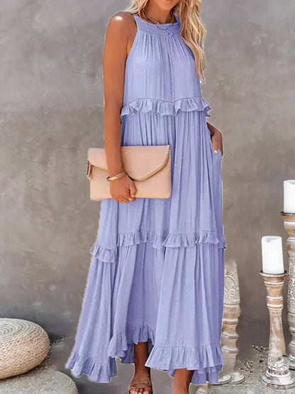 Abito Lungo Con Volant | Scollo all'americana | Senza maniche | Abito fluido | Maxi prendisole-Viola-S-Modasso