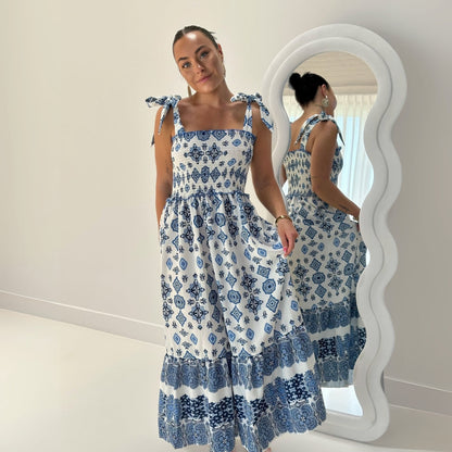 Abito Lungo Estivo Bianco e Blu da Donna-XS-Modaso