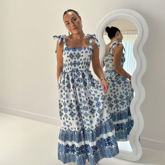 Abito Lungo Estivo Bianco e Blu da Donna-XS-Modaso