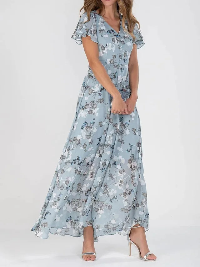 Abito lungo a linea A in chiffon da donna azzurro a stampa floreale