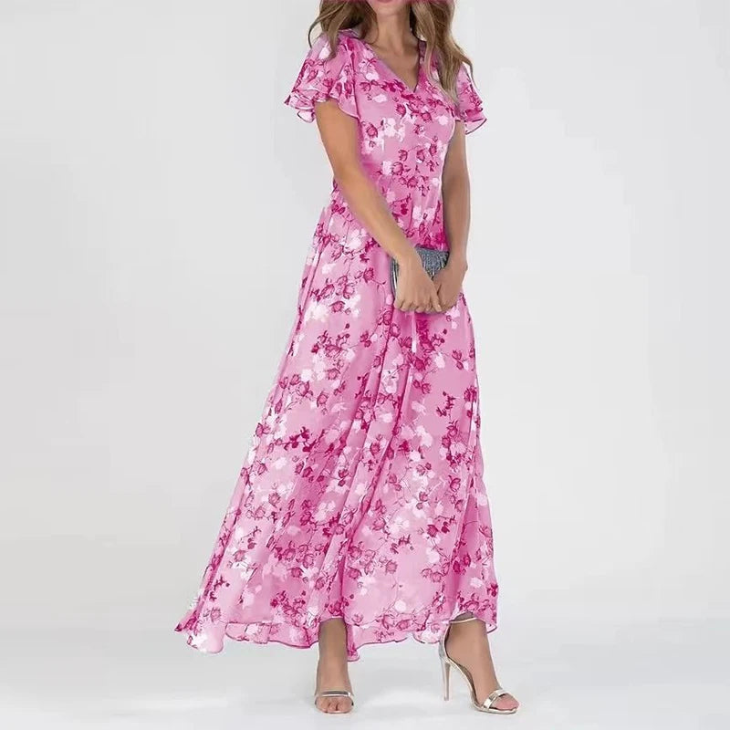 Abito lungo a linea A in chiffon da donna rosa a stampa floreale