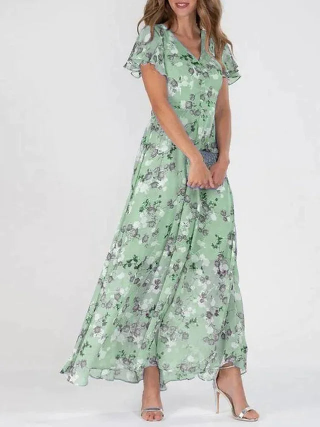 Abito lungo a linea A in chiffon da donna verde a stampa floreale