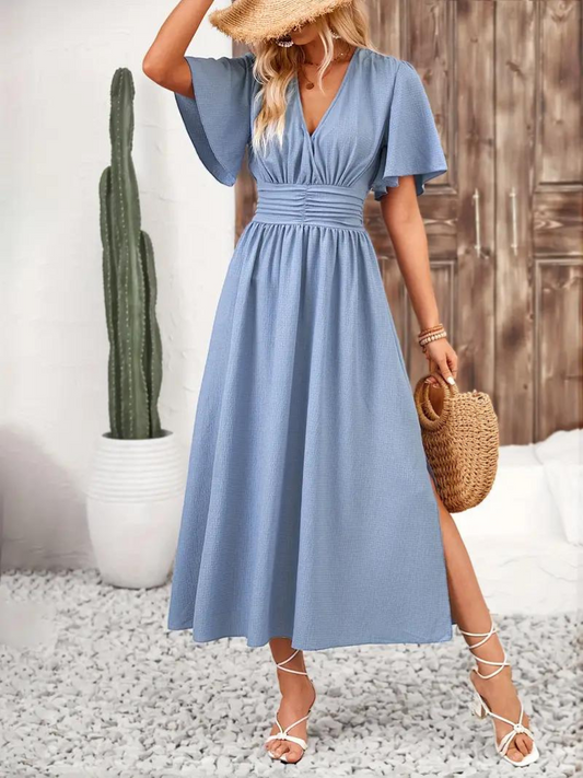 Abito Lungo, Maniche Corte, Scollo a V, Abito Estivo, Maxi Abito da Sole-Azzurro-S-Modaso