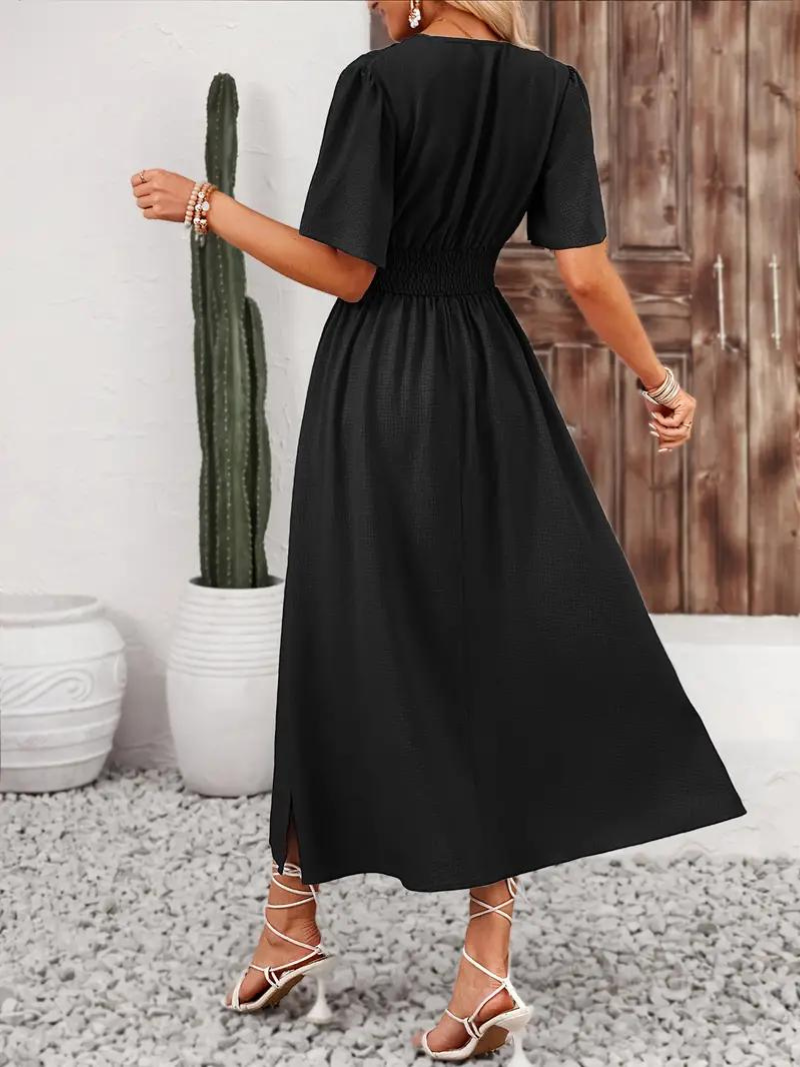 Abito Lungo, Maniche Corte, Scollo a V, Abito Estivo, Maxi Abito da Sole-Modaso