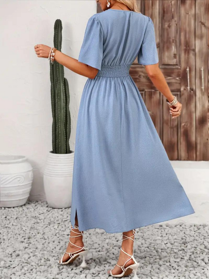 Abito Lungo, Maniche Corte, Scollo a V, Abito Estivo, Maxi Abito da Sole-Modaso