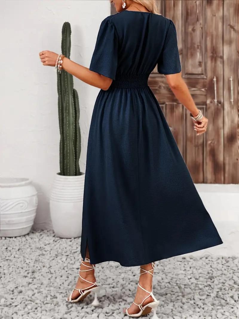 Abito Lungo, Maniche Corte, Scollo a V, Abito Estivo, Maxi Abito da Sole-Modaso