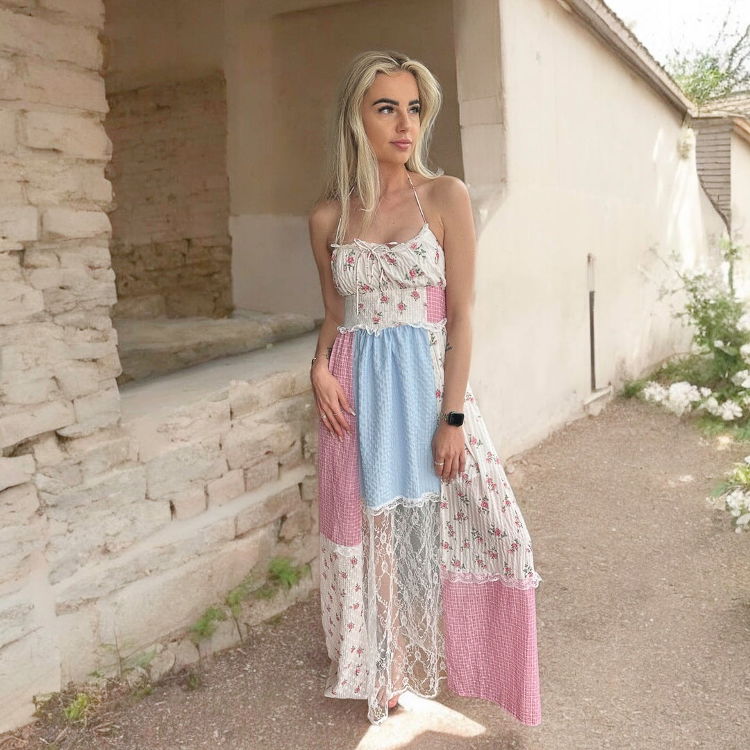 Abito Lungo Patchwork da Donna a Spalline Sottili-S-Modaso