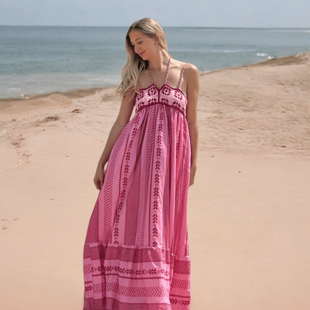 Abito Lungo Rosa, Vestito Estivo con Spalline Sottili-Modaso
