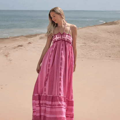 Abito Lungo Rosa, Vestito Estivo con Spalline Sottili-Modaso