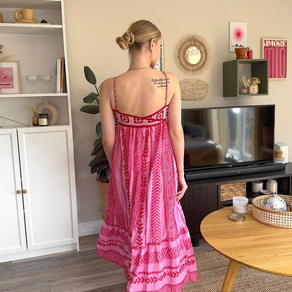 Abito Lungo Rosa, Vestito Estivo con Spalline Sottili-Modaso