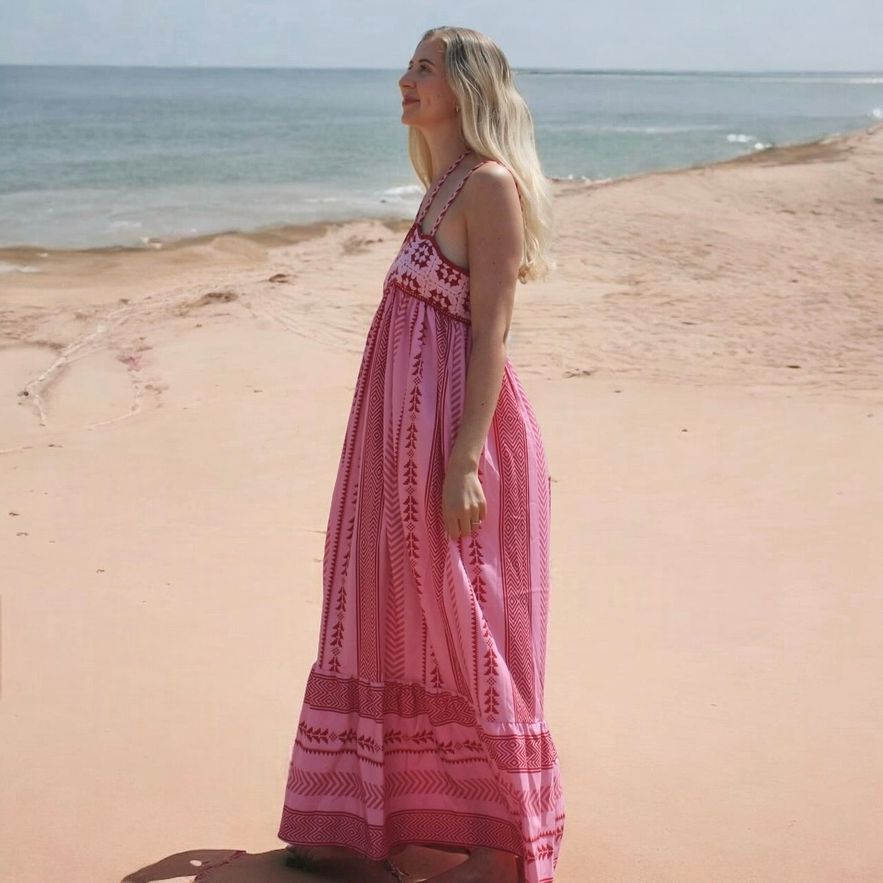 Abito Lungo Rosa, Vestito Estivo con Spalline Sottili-Modaso