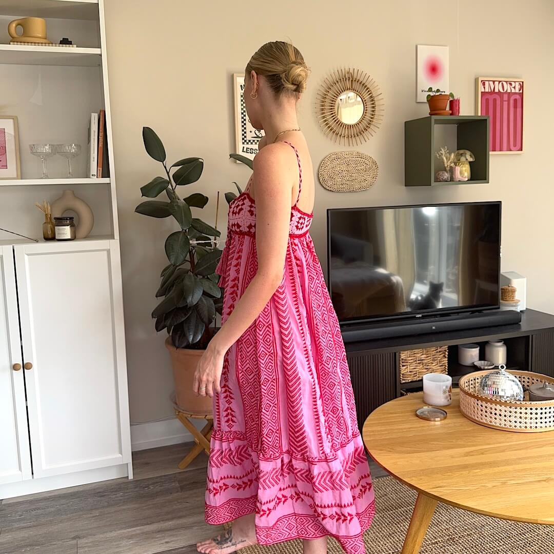 Abito Lungo Rosa, Vestito Estivo con Spalline Sottili-Modaso