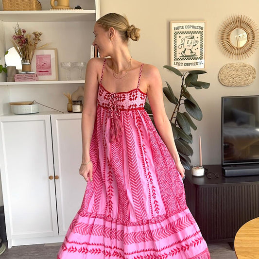 Abito Lungo Rosa, Vestito Estivo con Spalline Sottili-Rosa-XS-Modaso