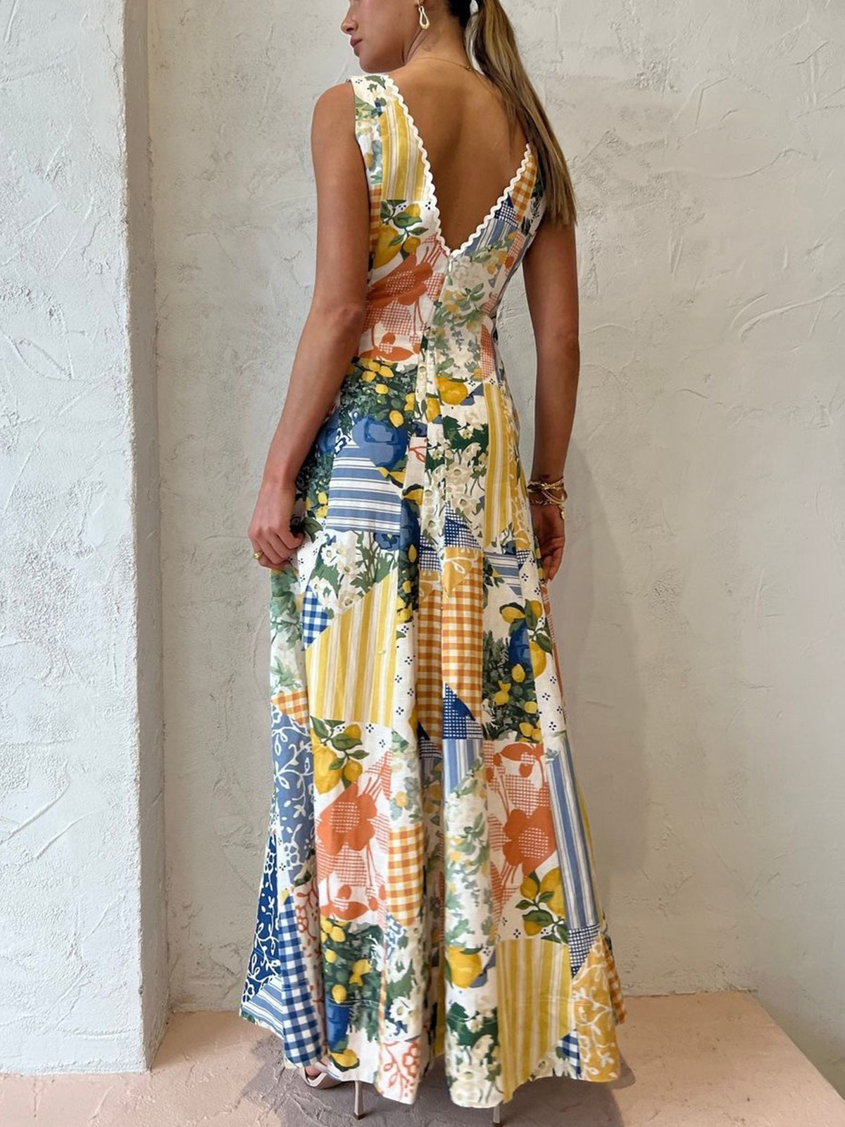 Abito Lungo, Senza Maniche, Patchwork, Scollo a V, Abito Estivo-Modaso