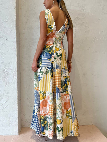 Abito Lungo, Senza Maniche, Patchwork, Scollo a V, Abito Estivo-Modaso