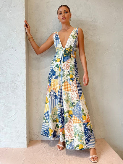 Abito Lungo, Senza Maniche, Patchwork, Scollo a V, Abito Estivo-Modaso