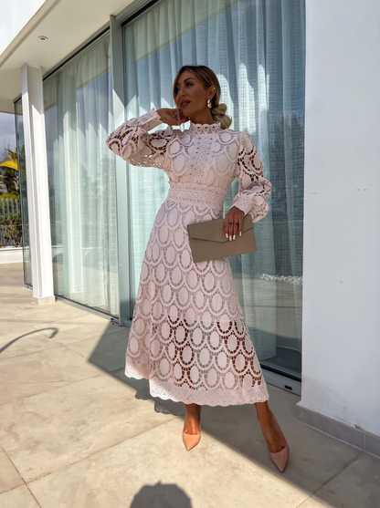 Abito Lungo in Pizzo, Manica Lunga, Collo Alto, da Cocktail Elegante-Modaso