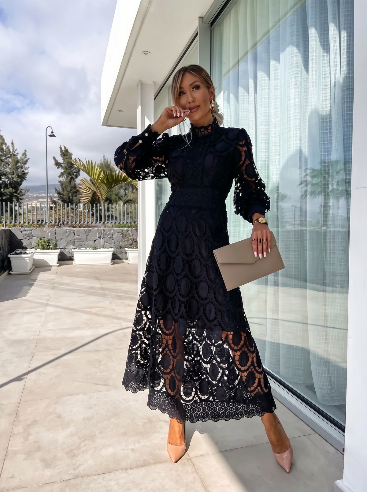 Abito Lungo in Pizzo, Manica Lunga, Collo Alto, da Cocktail Elegante-Modaso