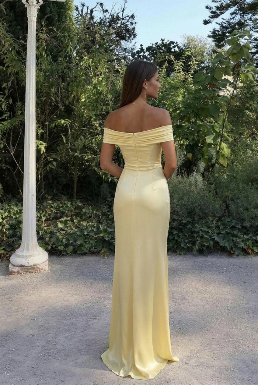 Abito Lungo in Raso, Elegante, Spalle Scoperte-Modaso