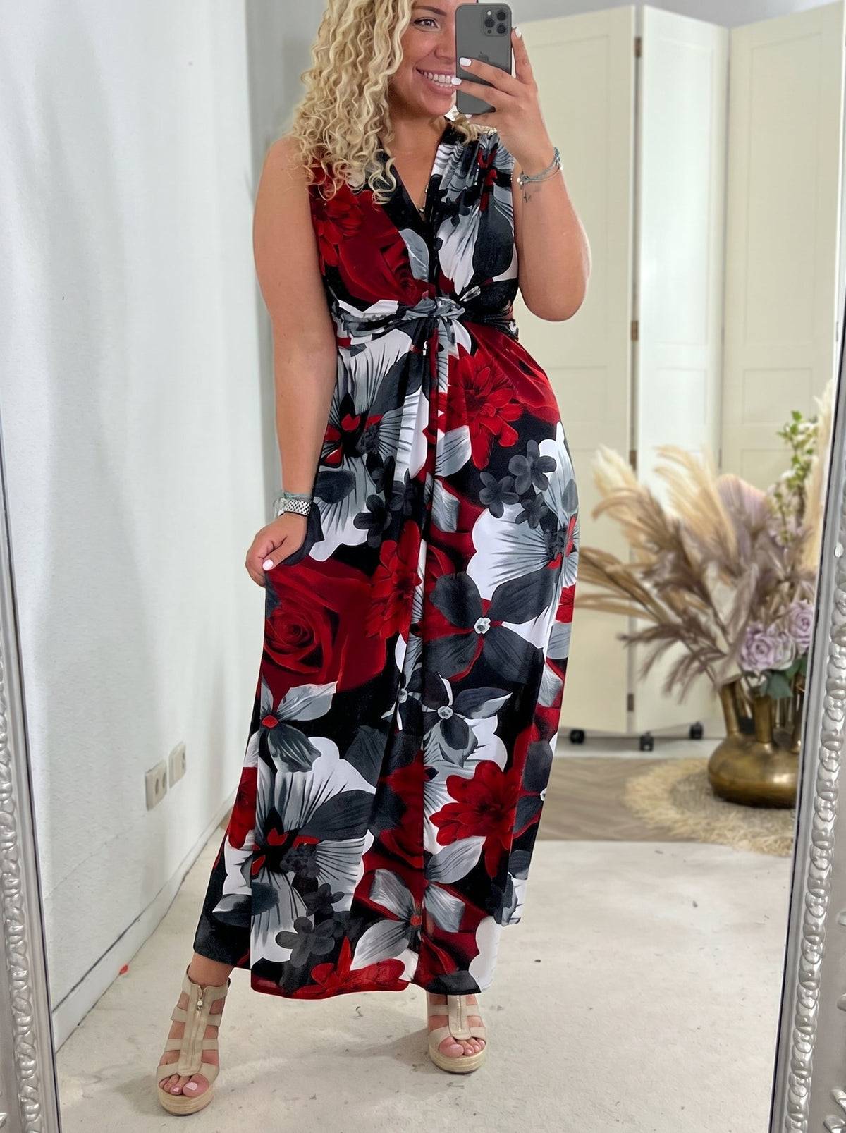 Abito Maxi Floreale, Smanicato, Scollo a V, Vestito Estivo da Donna-Modaso
